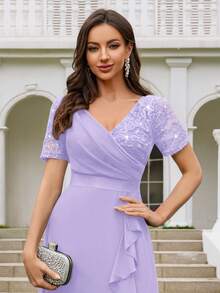 Đầm xòe thanh lịch bằng chiffon, cổ chữ V, phối ren, viền bèo nhún, thích hợp cho khách dự đám cưới và tiệc tối. - Màu tím hoa cà - Xem 9