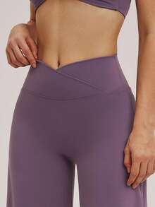 TimeOff 1pc Women Solid Color Criss-Cross Waistband Loose Straight Leg Wide Pants - Purple - View 5