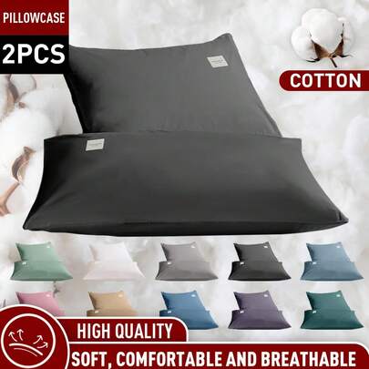 2pcs 100% Cotton Pillowcase, Envelope Design (2 Solid Color Pillowcases, Pillow Not Included), Suitable For Bedroom, Hotel, Sofa, Living Room, Home Decor, Available In Various Sizes, Fit For All Seasons