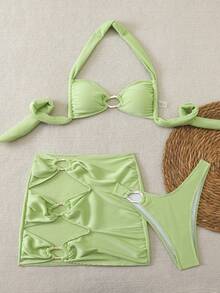 Elegantes grünes gestreiftes Muster sexy Neckholder lässig Bikini Set für Frauen, geeignet für Frühling, Sommer, Herbst Strandurlaub - Grün - Übersicht 4