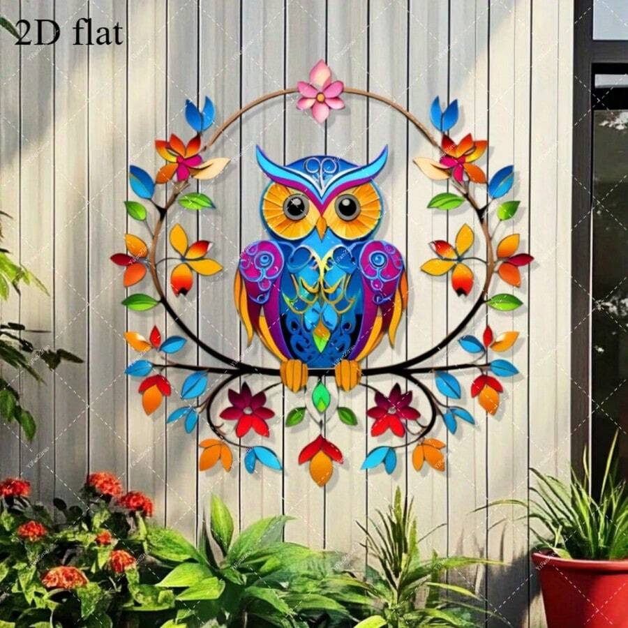 1pc Boho Style Owl Wall Decor - Multicolor Floral Pattern In Pink, Orange, Green, Blue, Purple - Lightweight Indoor/Outdoor Decoration For Living Room, Garden, Fence - No Electricity Needed, Flat Back For Easy Installation - Housewarming Gift, Home & Office Decor, Vibrant Art Piece, Durable Plastic, Perfect For Garden Enthusiasts, 2D Flat Design - Bohemian Style Owl Wall Decoration - View 1