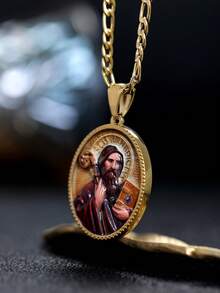 1pc Stainless Steel European American Jesus Necklace | High-End Fashion Link Chain Gold Plated Pendant Necklace Suitable Unisex - Multicolor - View 4