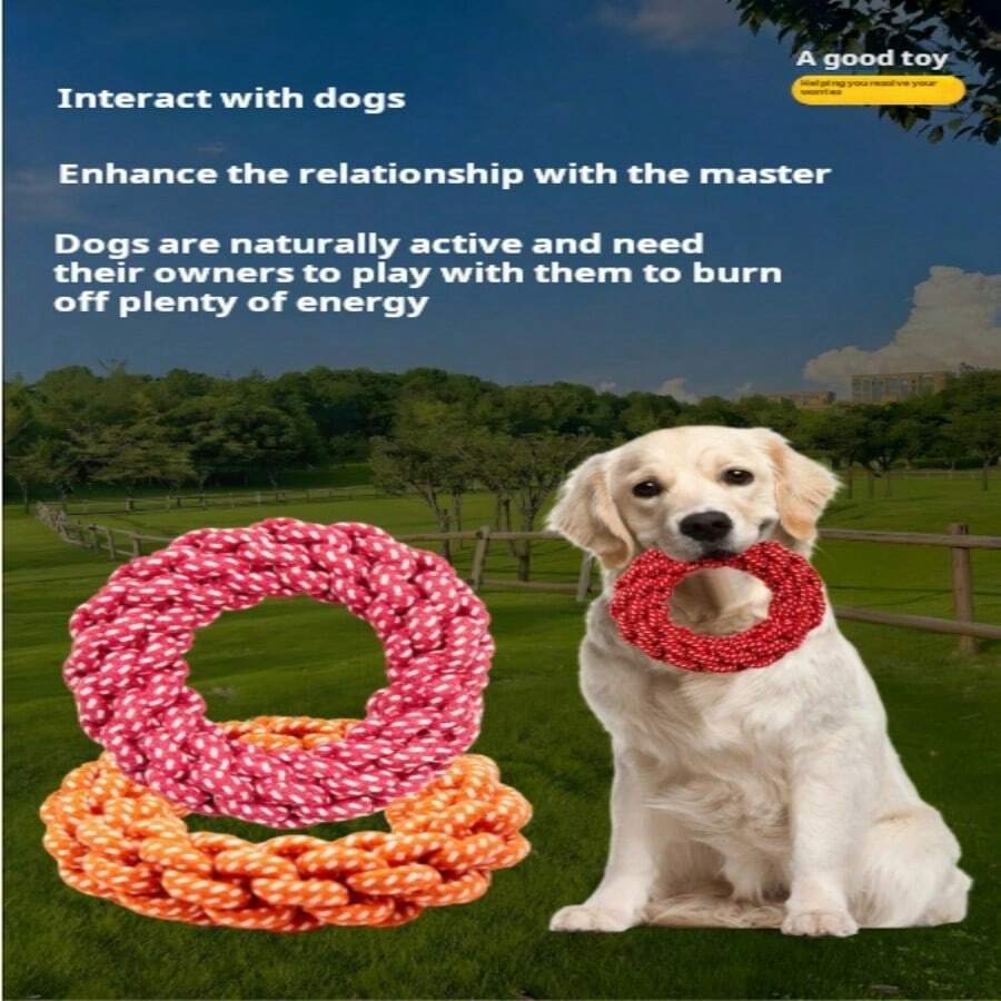 磨牙玩具，棉绳，甜甜圈，宠物狗，打结玩具，耐咬，手工编织狗咬绳 - 彩色 - 查看 1