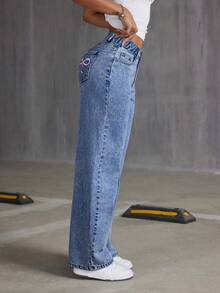 Quần jeans ống đứng ống rộng thêu hình bướm thoải mái, rộng rãi, dễ mặc cho bé gái tuổi teen - Rửa tối - Xem 4