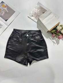 Women's Solid Color Metallic PU Leather Pocket Sexy Shorts Black Summer - 黑色 - 查看 7
