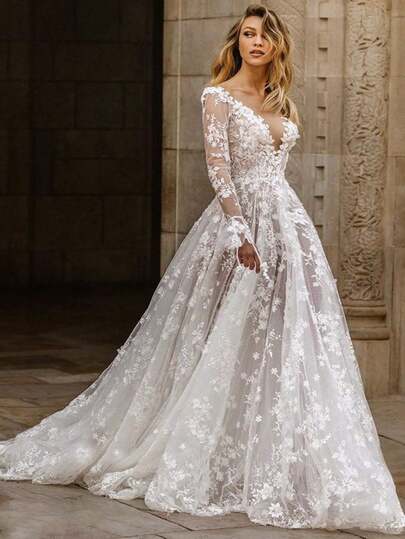Vestido de novia, vestido de encaje de manga larga, vestido de noche para mujer