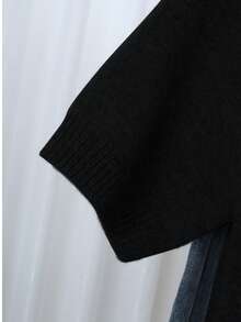 Plus Size Women's Gray Button Cardigan - Casual Fashionable Short Sleeve Cardigan, Stretchy, H-Shaped Silhouette, Suitable For Spring And Summer, Ribbed Detail Design, Button Closure, Breathable Fabric, Cardigan Style, Essential Spring/Summer Item Black - Black - View 4