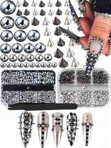 2盒Y2K朋克金属铆钉美甲装饰锥形混合尺寸黑色银色金色指甲钉3D时尚合金尖刺装饰美甲用品美甲宝石美甲 - 彩色 - 查看 1