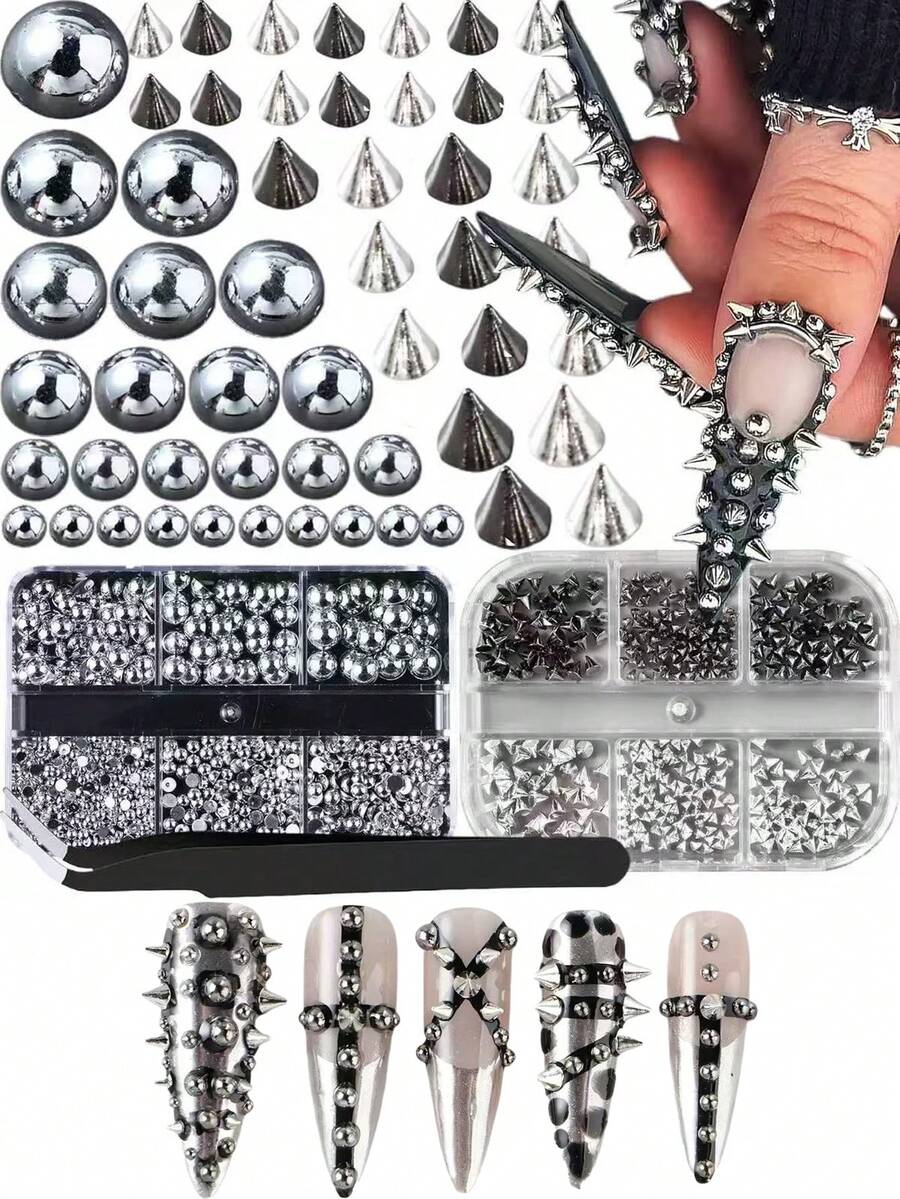 2盒Y2K朋克金属铆钉美甲装饰锥形混合尺寸黑色银色金色指甲钉3D时尚合金尖刺装饰美甲用品美甲宝石美甲 - 彩色 - 查看 1