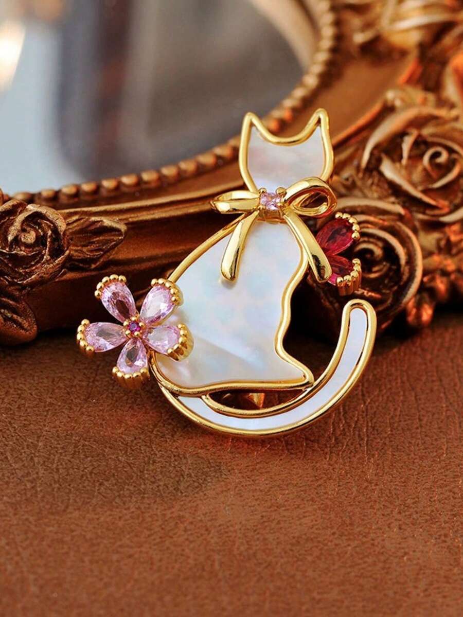 1pc Gold/Silver Cartoon Cute Rhinestone Cat Brooch, Minimalist Sweet Lapel Pin Accessory For Women - Multicolor - View 1