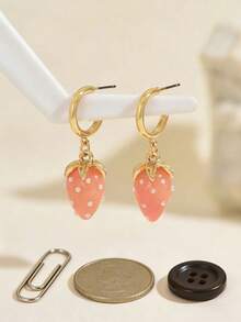 Cute Pink Strawberry Drop Earrings For Women, Golden Hoop With Faux ImitationPearl Strawberry Dangle Earrings, Sweet Fruit Jewelry - Multicolor - View 6