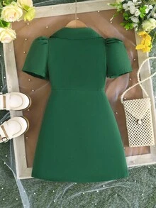Girls Embroidered Dress, Elegant Lapel Formal Occasion Outfit - Green - View 2