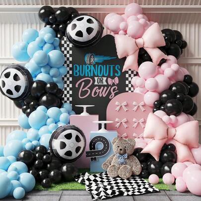 138-Piece Pink And Blue Balloon Arch Decoration Set - Featuring Burnt Flower Or Bow Balloons, Gender-Revealing Party Decorations, Including Pink, Blue, And Black Latex Balloons With Tire-Shaped Bow Foil Balloons. Suitable For Baby Showers And Birthday Parties.