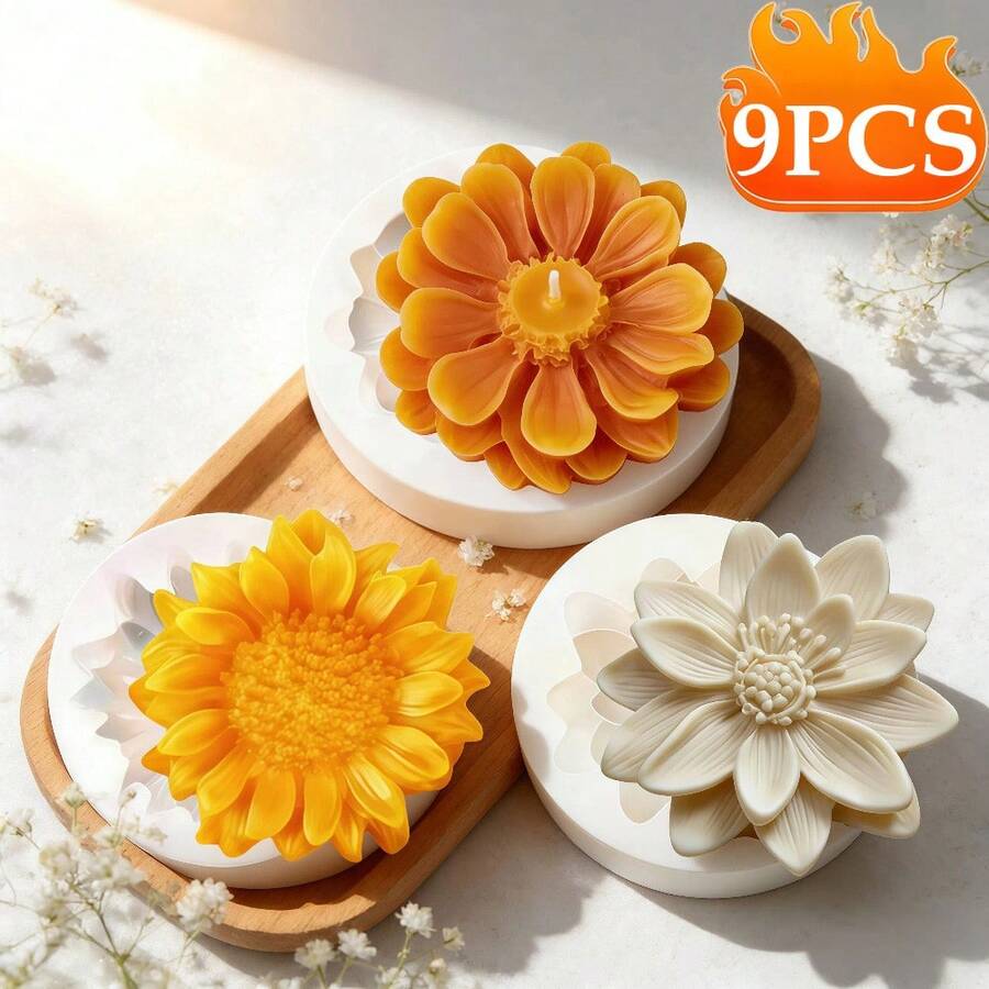 9pcs Mini Daisy Flower Silicone Candle Molds, Sunflower Shaped Resin Silicone Molds For DIY Candle, Soap, Plaster Crafts, Home Decor, Easy Release And Reusable - A - View 1