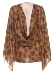Women's Elegant Brown Leopard Print Draped Cold Shoulder Batwing Long Sleeve Mini Dress, Perfect For Party & Casual Wear Enterizos De Mujer Elegantes - màu nâu - Xem 4