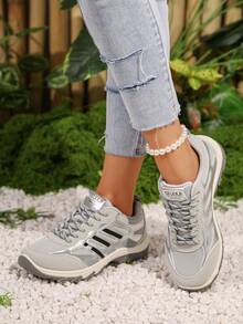 女士休闲运动鞋，新款百搭平底套脚鞋，时尚舒适轻便系带跑步鞋，圆头，透气 - 淺灰色 - 查看 5