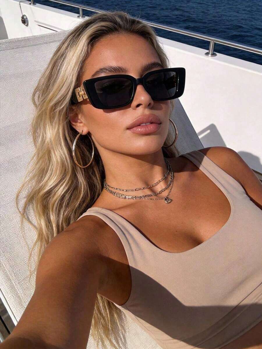 Vintage Plastic Geometric Eyeglasses Women With Interchangeable Temples Retro Rectangle Frame Fashionable Beach Vacation Outdoor Travel Summer Fall Winter Business Casual Back To School Stylish Decorative Shades - 1 khung đen, giấy xám 008 - Xem 1