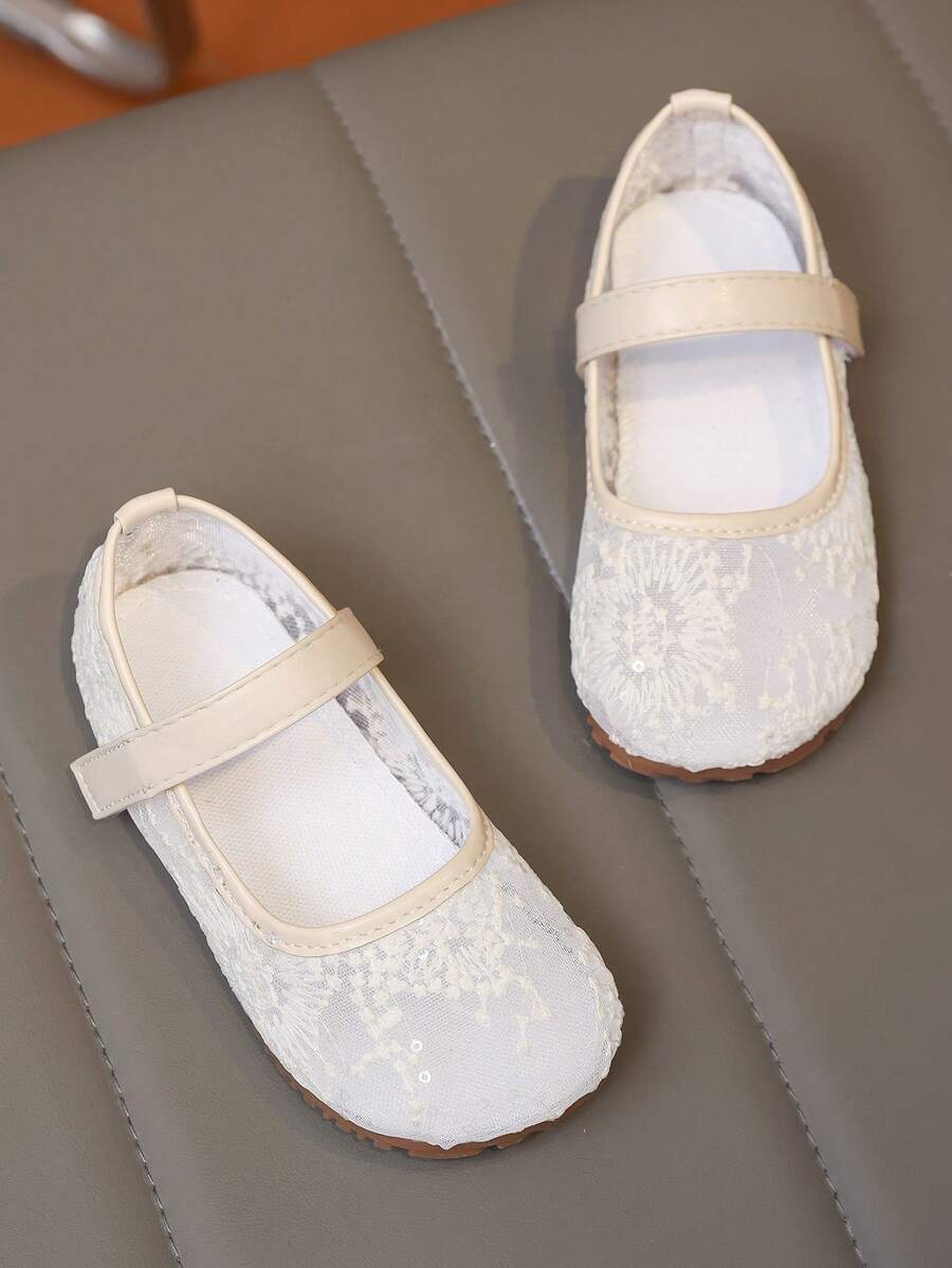 2025新款夏季时尚圆头平底鞋，美丽优雅的复古芭蕾舞鞋，网布鞋面，珍珠刺绣和网眼设计 - 白色 - 查看 1