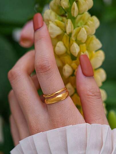 1pc 18K Gold Plated Stainless Steel Minimalist Geometric Line Adjustable Open Ring, Suitable For Women's Daily, Holiday, And Casual Wear, Popular Minimalist Jewelry Gift