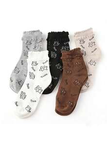 5双四季蕾丝全印花卡通小狗韩版少女百搭拼接中筒袜 - 彩色 - 查看 1