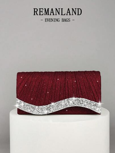 REMANLAND Mini Shiny Chain Folding Pleated Square Clutch Bag, Rhinestone Embellished Evening Bag, Perfect Match For Women's Ball Gown, Ball Accessories, Sequin Dress, Shiny Dress, Elegant Dress, Elegant Ball Bag, Perfect For Bridesmaids, Suitable For Wedding Reception, Party, Wedding, Ball, Banquet/Gala Events.