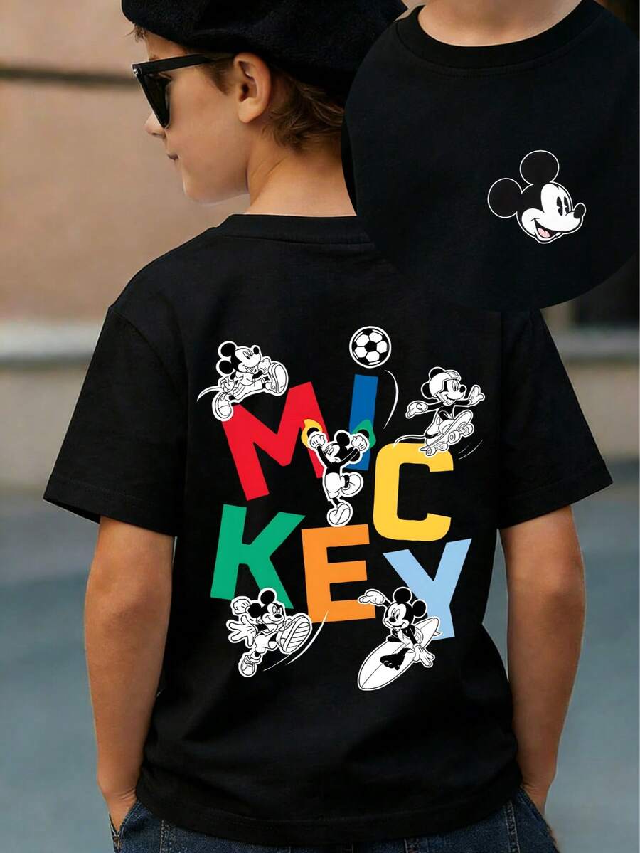 Disney Mickey Mouse Kids' Short Sleeve Tee – Unisex Graphic Top For Boys & Girls (Ages 2-14), Soft Stretchy Fabric, Retro Character Print, Summer Play & Back-To-School Essential – Express Delivery - 黑色 - 查看 1