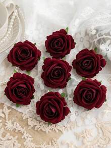 5/15/25朵人造丝绒玫瑰花，适用于婚礼派对装饰、蛋糕装饰、家居客厅桌面装饰、仿真植物、秋季装饰、房间装饰、桌面装饰、花园装饰、房间装饰用品、情人节新娘腕花礼物、生日毕业典礼等场合。 - 酒紅色 - 查看 5