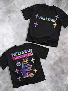 Printed T-Shirt Cotton Plus Size Men's Clothing, Captivating Hell Star SPORTS Holographic Flame & Text Graphic Print T-Shirt ,Y2K,Oversized Shirt Men,Summer Tops - 黑色 - 查看 7