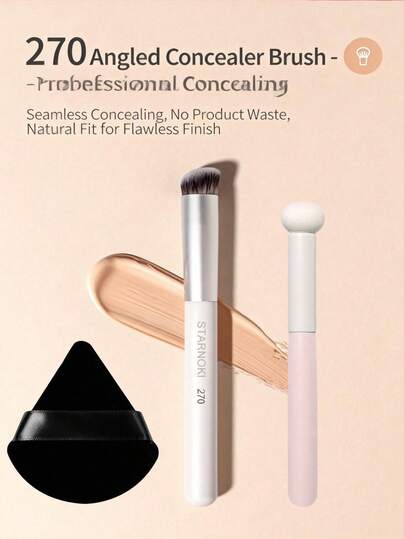 3件套化妆刷套装，包含遮瑕刷、蘑菇头遮瑕刷和1个粉扑。贴合肌肤，无缝衔接，适用于遮盖大面积痘印，可用作粉底刷、修正刷、腮红刷、修容刷、腮红刷、古铜粉刷、散粉刷等。礼品套装