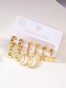 6pcs Stainless Steel Star & Moon Earrings Set, Suitable For Women's Daily, Party, Event Wear - Multicolor - View 3