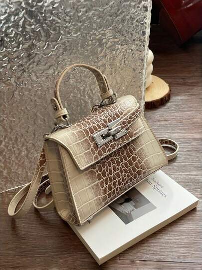 1pc Design Fashion New Women's Elegant Handbag, Shoulder Bag, Crossbody Small Square Bag With Metal Buckle Decoration, Solid Color PU Crocodile Texture, Chic High-Quality Feel, Suitable For Outings, Shopping, Dates, Versatile
