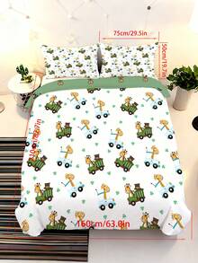 2/3件套可爱长颈鹿熊儿童床上用品套装，卡通动物卡车印花被套含枕套，柔软超细纤维床品套装，适合幼儿卧室装饰（单人/双人/大号）150x200厘米 - 彩色 - 查看 19
