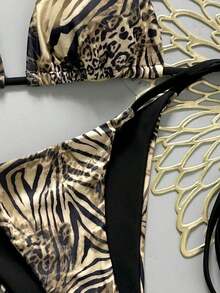 Bonvoyette 2pcs/Set Women's Sexy Random Leopard Print Spaghetti Strap Backless Side Tie Bikini Set Set, Spring/Summer 2026 Animal Print Swimwear Leopard Print Bikini Cheetah Print Bikini Vacation Bikini - 多色 5 - 查看 4