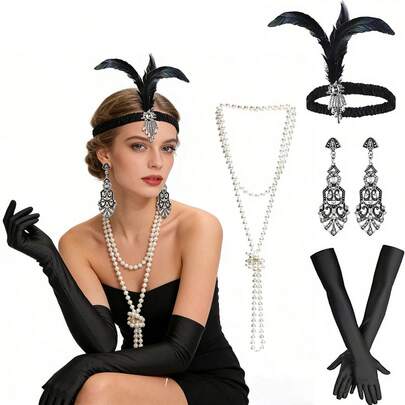 1920年代女士复古女郎装扮套装，包括珍珠项链、耳环、手套和复古婚礼装饰