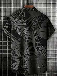 复古夏威夷叶子花卉3D数码印花宽松轻薄男士短袖纽扣衬衫 - 黑色 - 查看 3