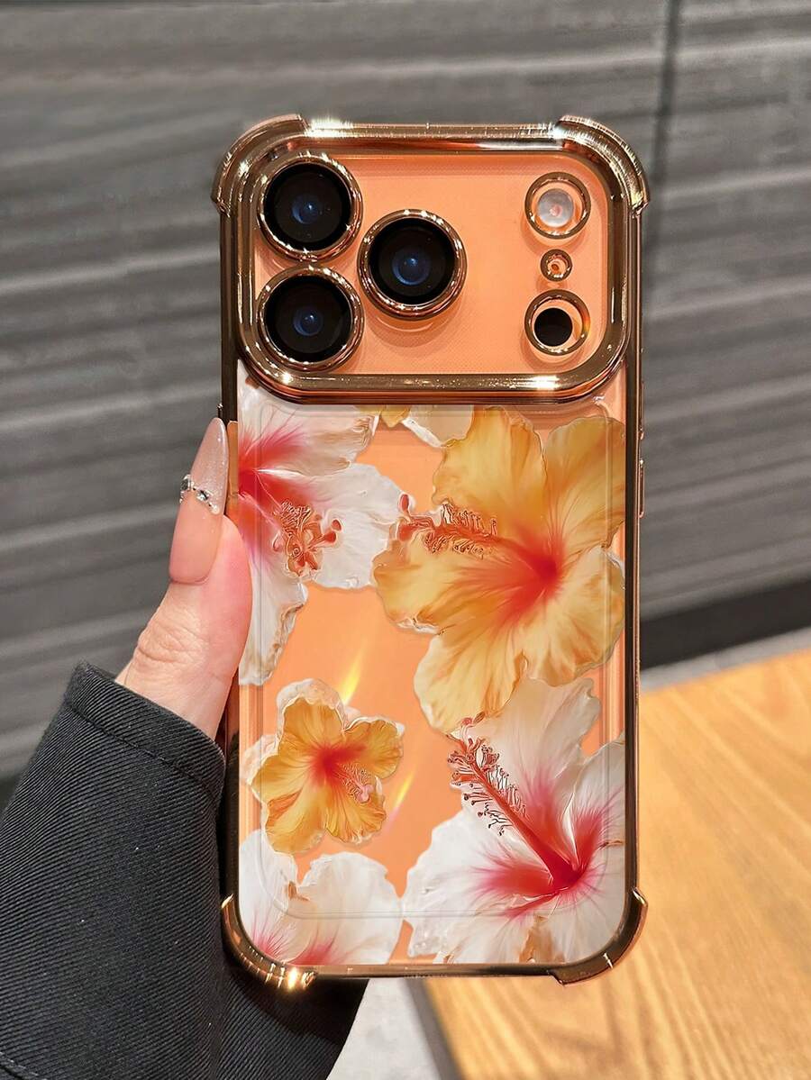 1pc Luxury Tropical Flower UV Printed Pattern With Orange Electroplated Four-Corner Airbag Anti-Drop/Thickened Transparent TPU Protective Case Compatible With Phone 18Pro/18Pro Max/17 Pro Max/17e/16e/16prmax/16pro/16/13promax/12promax11,15PROMAX,14PROMAX And Other Models, Suitable For All Seasons, Perfect For Gifting Or Personal Use - Orange - View 1