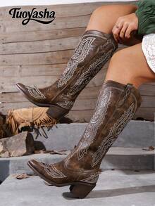 复古刺绣时尚舒适西部靴，新款侧拉链设计，防滑V型皮革，尖头设计，骑士靴，粗跟显瘦百搭休闲高筒靴，适合音乐节、万圣节等场合。 - 咖啡棕 - 查看 5