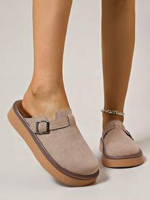 New Women Round Toe Fashion Thick Sole Slip-On Shoes, Khaki, Beige, Black, Brown, Versatile Outdoor Casual Mules - Beige - View 5