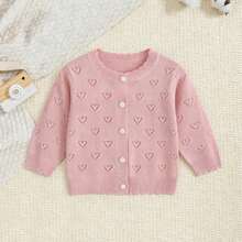 Spring/Summer Lightweight Baby Girl Knit Cardigan Set, Sweet Heart Hollow Princess Style Top With Ruffle Trim Round Neck Single-Breasted, 0-3 Years Old Baby Girl Air Conditioning Sweater Outerwear - Pink - View 2