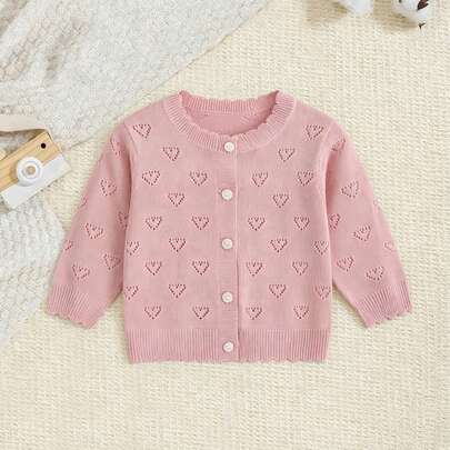 Spring/Summer Lightweight Baby Girl Knit Cardigan Set, Sweet Heart Hollow Princess Style Top With Ruffle Trim Round Neck Single-Breasted, 0-3 Years Old Baby Girl Air Conditioning Sweater Outerwear