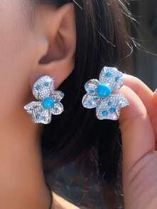 一对几何花朵造型蓝绿松石和立方氧化锆密镶大耳环，适合订婚派对佩戴，女士奢华珠宝 - 綠松石色 - 查看 8