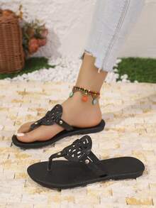 Giày sandal đế bằng nữ thời trang thường ngày, tối giản, thanh lịch, dễ thương, đa năng, màu trắng bóng, sandal đế bằng nữ màu đen bóng, sandal đế bằng nữ màu xanh bóng, sandal đế bằng màu nâu, đính đá, đính hạt, thích hợp ở nhà, thoải mái, đi mua sắm, đi chơi, cỡ lớn, đi biển, mùa hè, kiểu xỏ chân, họa tiết khoét tròn, mũi tròn, dép xỏ ngón đế bằng. - màu đen - Xem 3