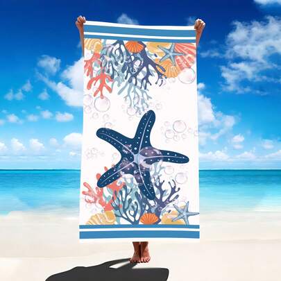 1 pieza Toalla de playa con estampado de estrella de mar, concha, coral y náutico, súper suave de microfibra extra grande, altamente absorbente, adecuada para viajes, piscina, buceo, surf, yoga, camping, disponible en varios tamaños, accesorios de playa