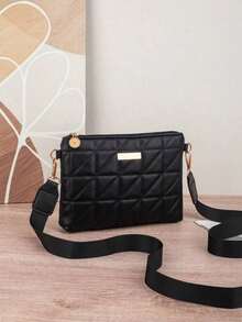 女士黑色绗缝斜挎包，时尚菱形图案宽肩带单肩包，迷你手拿包，适合日常休闲和派对场合 - 黑色 - 查看 4