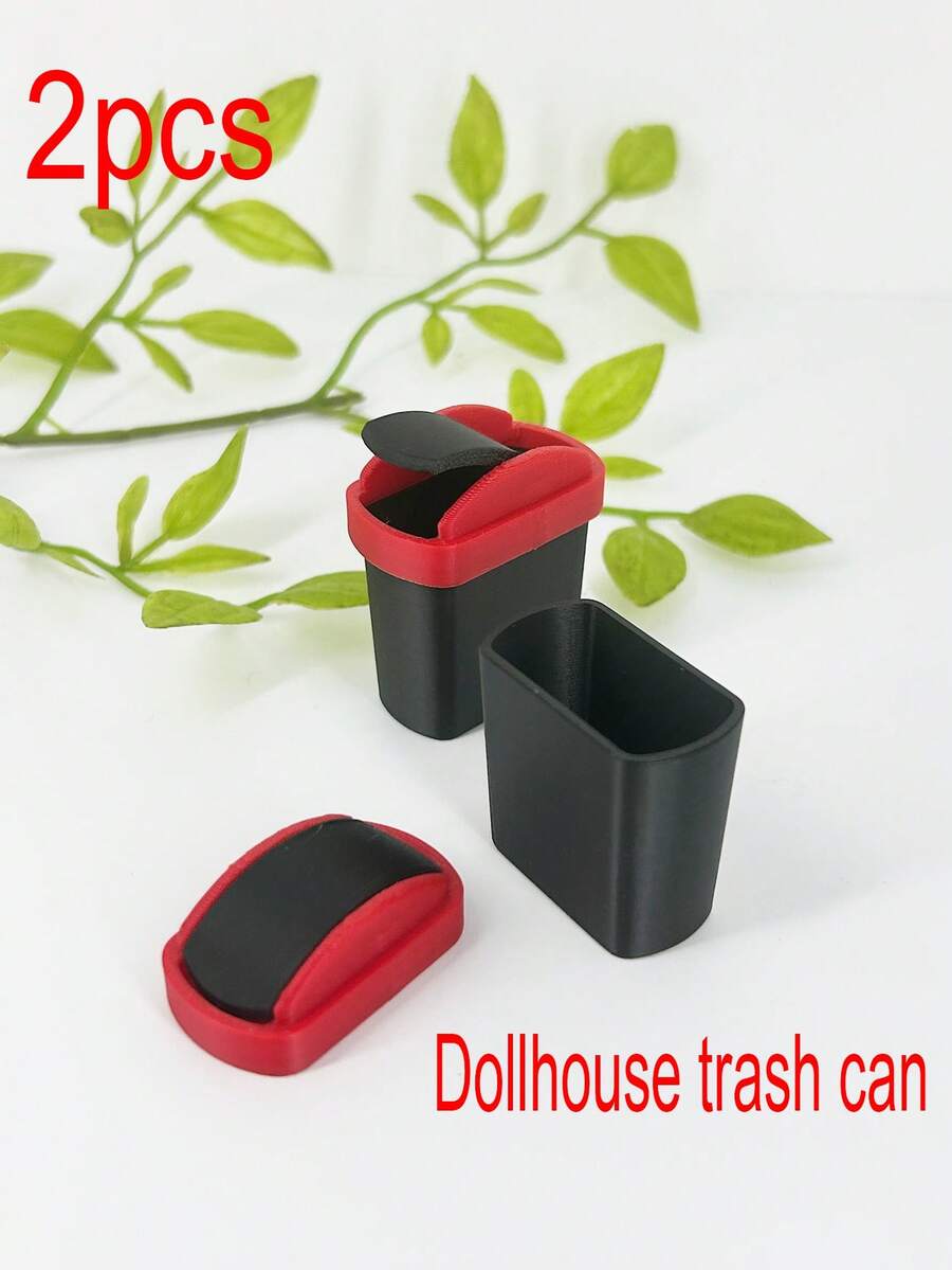 2pcs Miniature Trash Can Model, Desktop Flip-Lid Mini Garbage Can Decor, Suitable For Doll House Decoration, Can Store Small Items Inside, Best Surprise Gift For Friends - Red and Black Trash Cans - View 1
