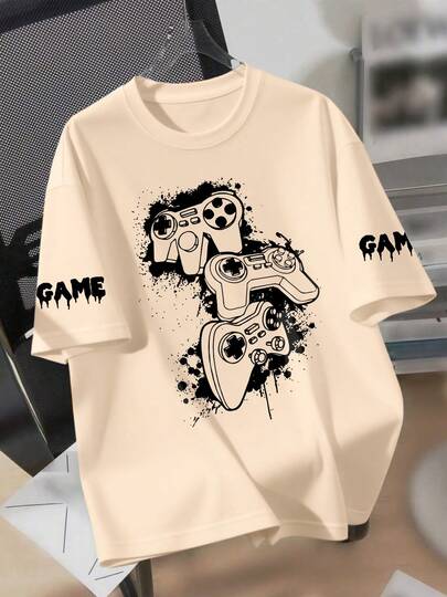 1件青少年男孩电子游戏图案圆领短袖T恤，柔软舒适，春夏日常外出和学校活动必备单品