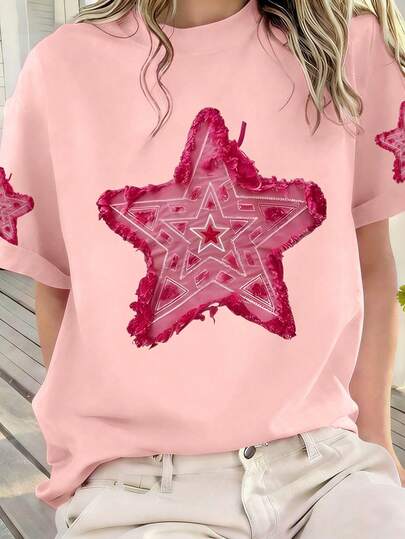 女童夏季休闲上衣，圆领短袖设计，柔软舒适，星形印花，街头时尚风格，适合少女穿着。