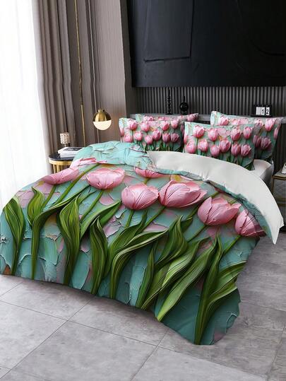 2/3件套花卉数码印花被套组（被套*1，枕套*1/2，不含被芯和枕芯），亲肤柔软舒适，适用于酒店、客房、宿舍、卧室、床上用品，四季皆宜。