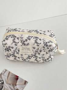 Bolsa de cosméticos con cremallera de tela con estampado floral, elegante estuche suave con estilo francés, organizador portátil de artículos de tocador para uso diario, viajes, hogar, adecuado para mujeres - Blanco y Negro - Ver 8