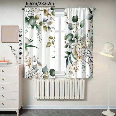 2片绣球花图案半遮光窗帘，免打孔杆袋式设计，优雅风格，适用于客厅、厨房、家居装饰，涤纶面料，可机洗/手洗